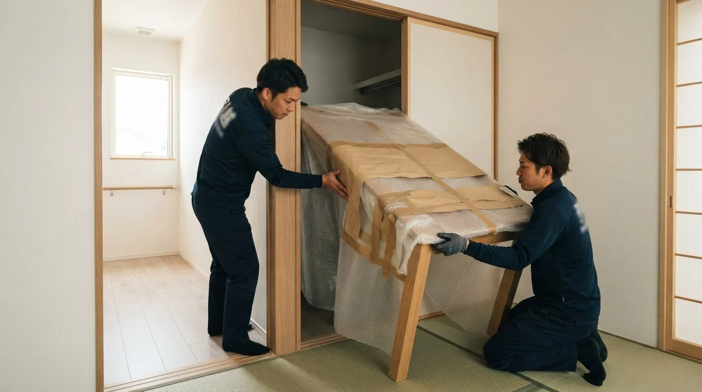 A worker’s hands wrapping the corner of a piece of furniture in protective material in preparation for removal