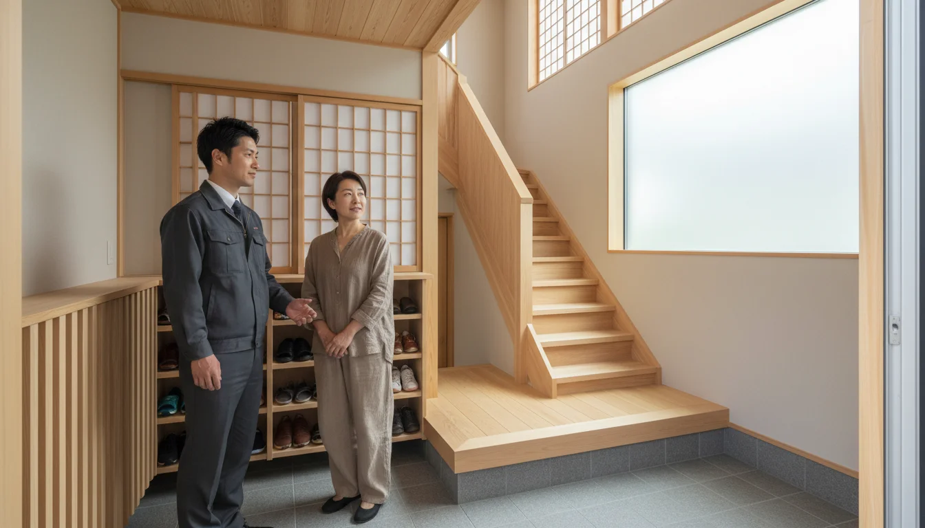Close-up of a worker discussing how to install large furniture while reviewing photos of the destination