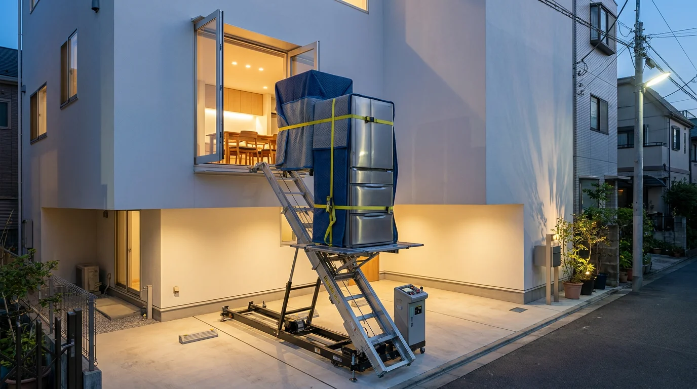 A moving vehicle and powered ladder parked in front of a house in the evening