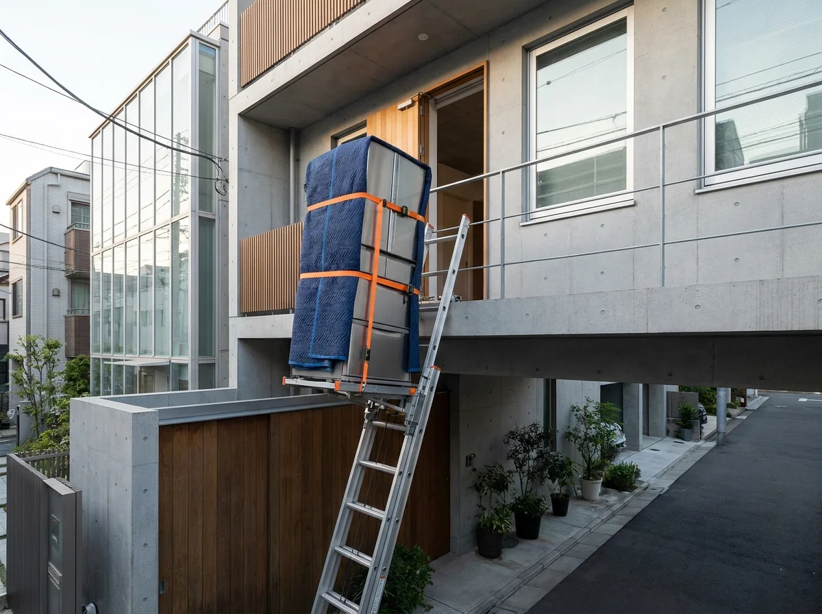 A large refrigerator being lifted by powered ladder to the area near a second-floor balcony