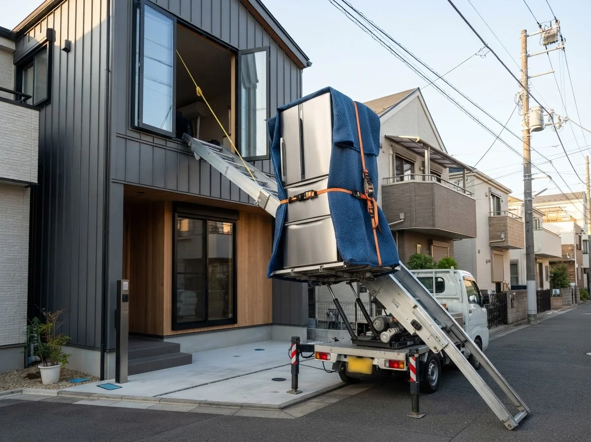 Workers safely hoisting furniture near a second-floor window of a detached house