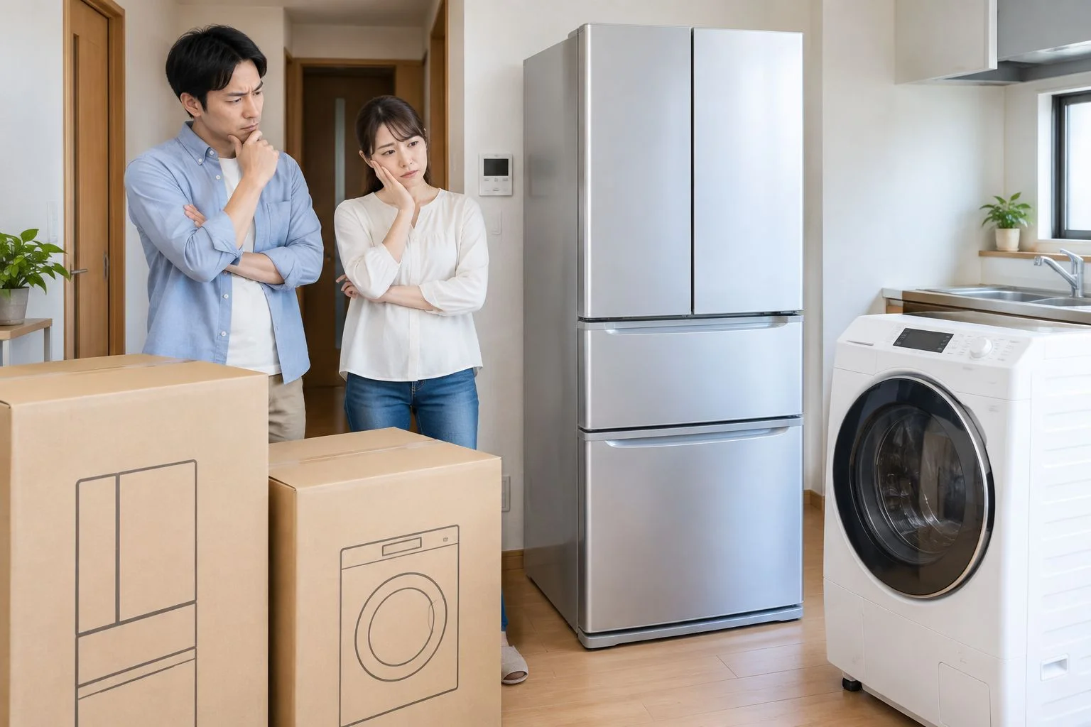 A scene showing the replacement of a refrigerator or washing machine