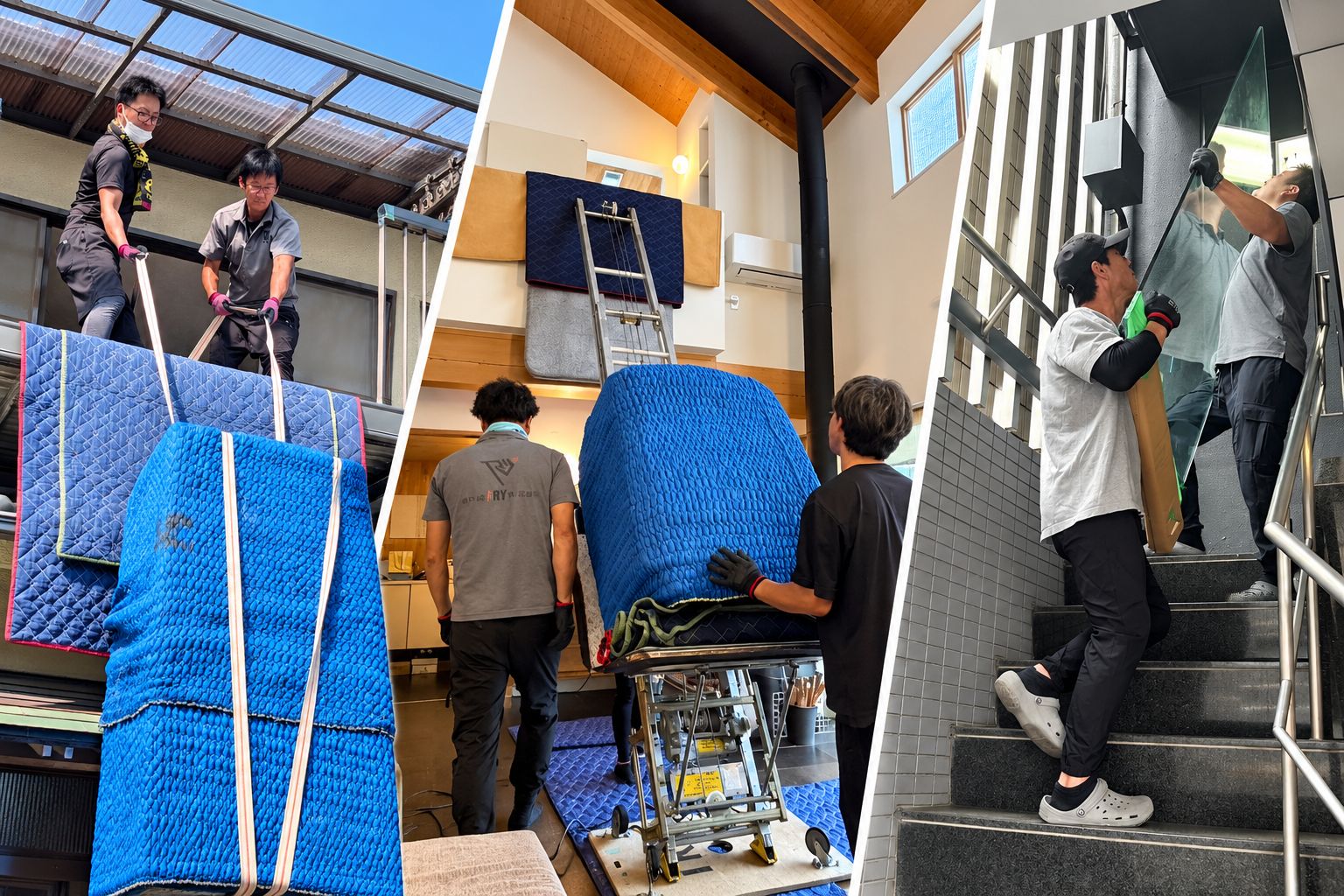 Three scenes: hoisting belongings onto a balcony, moving a large item indoors using a powered ladder, and carrying a glass panel up a staircase
