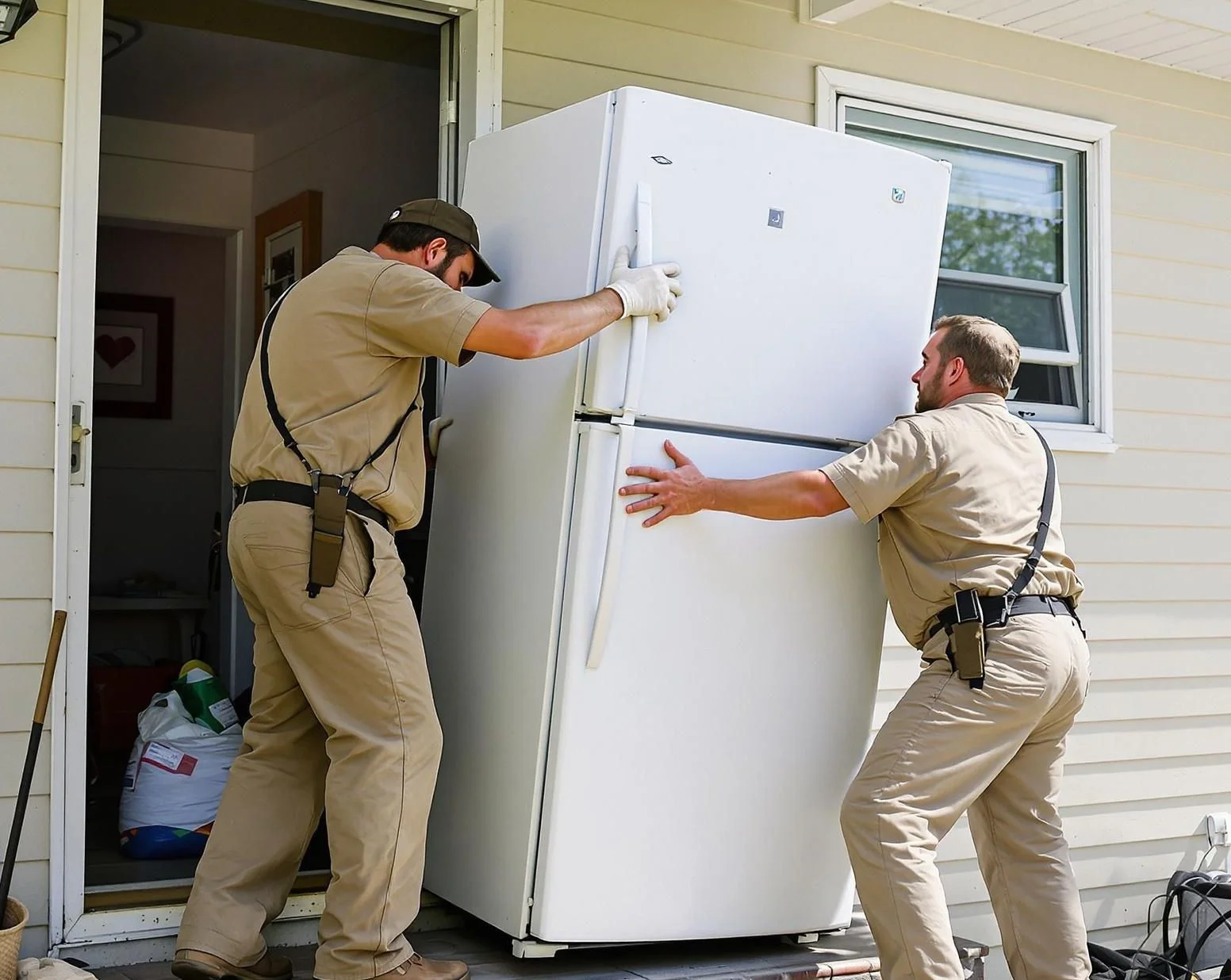 A moving company attempting to bring a large refrigerator in through a home's entrance